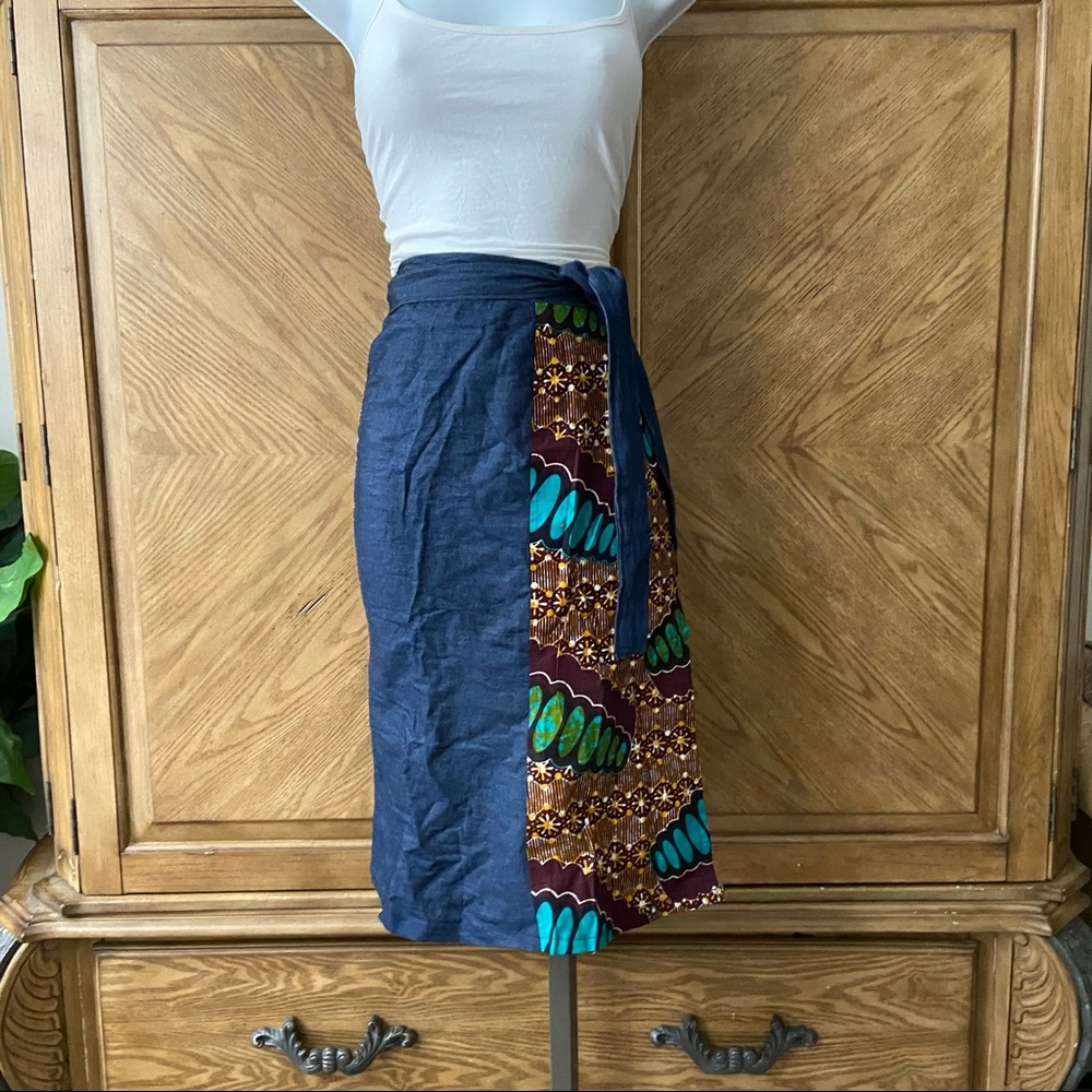Regal Clothes denim ethnic print wrap skirt
